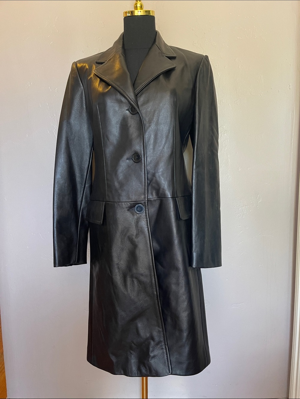 Vintage J. Percy For Marvin Richards Black Leather Trench Car Coat Jacket